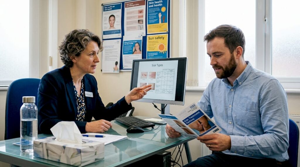 Dermatologist consulting patient on scar treatments