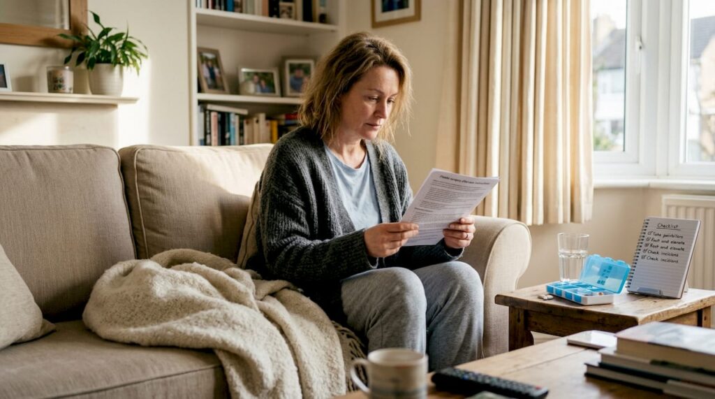 Woman reading plastic surgery aftercare instructions