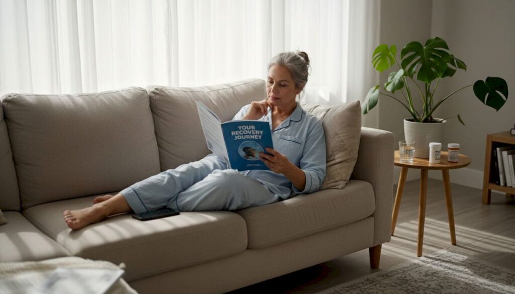 Woman resting at home post cosmetic surgery
