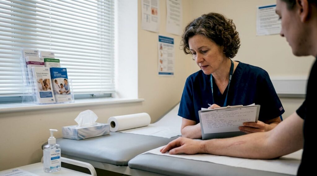 Dermatologist examining patient arm scar in clinic