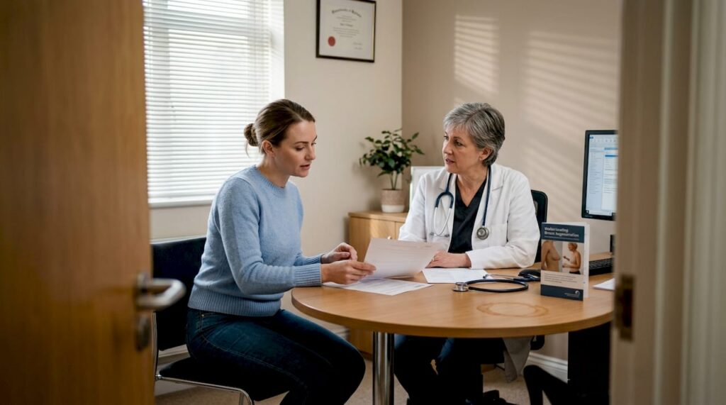 Woman consulting surgeon about breast augmentation