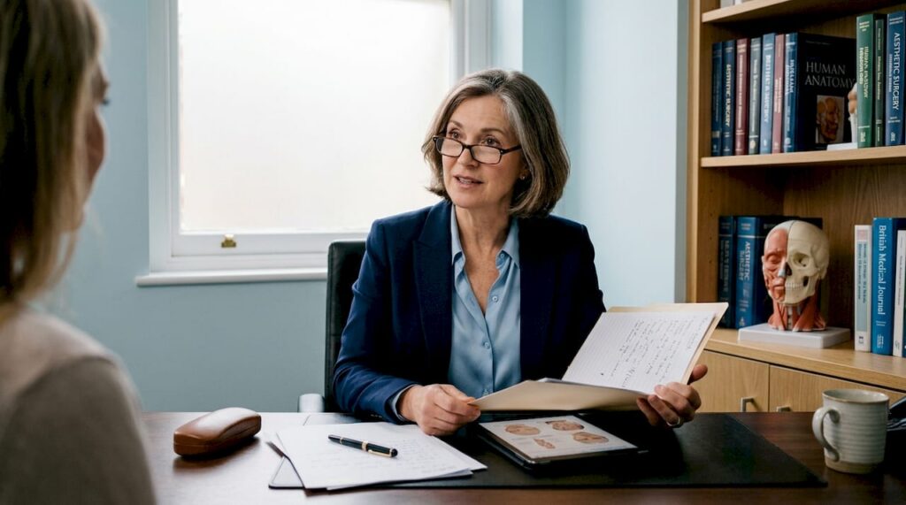 Surgeon reviewing patient notes in consultation room