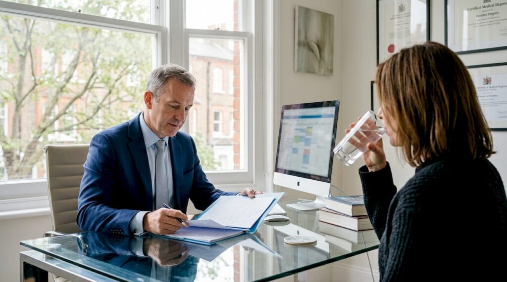 Plastic surgeon consults with patient in office