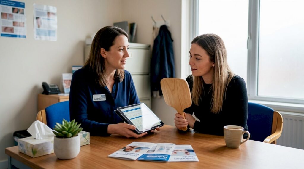 Consultant and client in facial treatment consultation