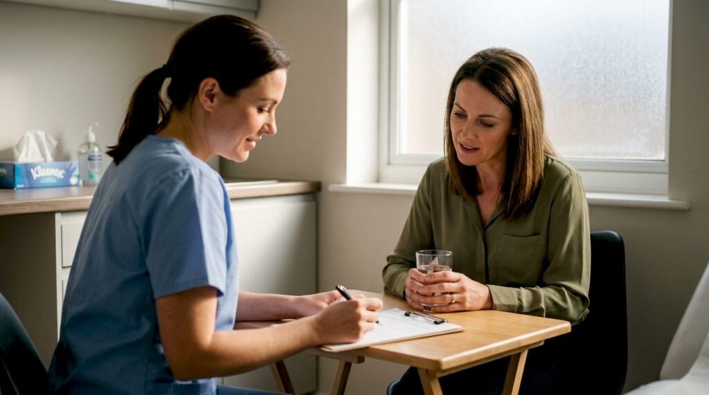 Practitioner discussing treatment with patient in clinic