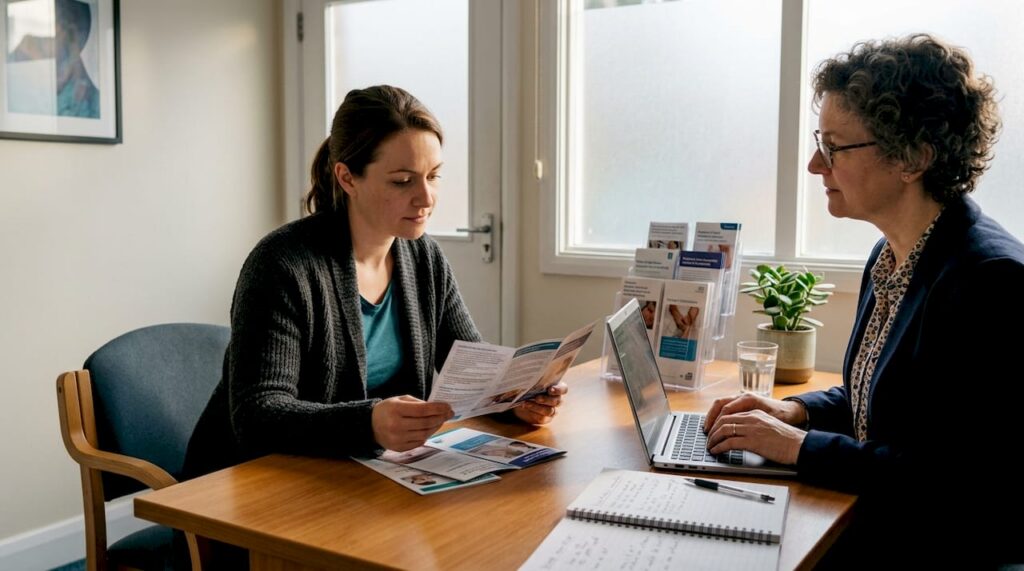 Patient consulting about cosmetic procedures in clinic