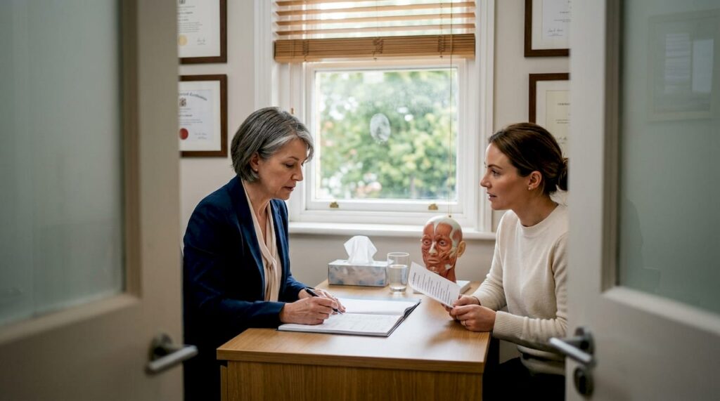 Plastic surgeon meeting client in consultation room