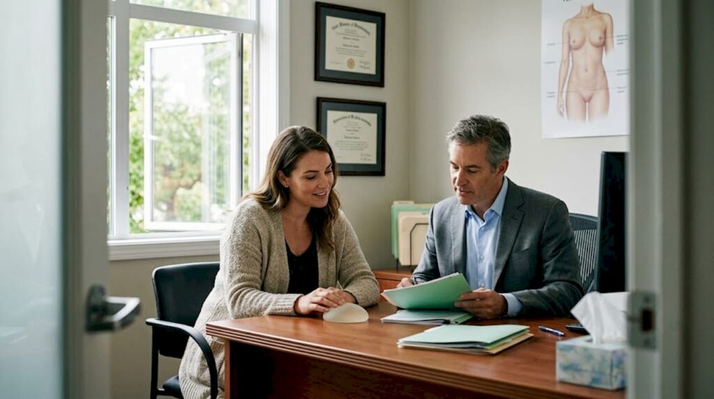 Patient and surgeon consult in clinic office