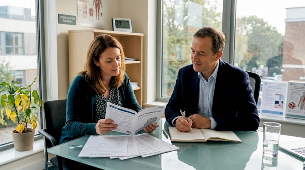 Patient and surgeon reviewing risk paperwork