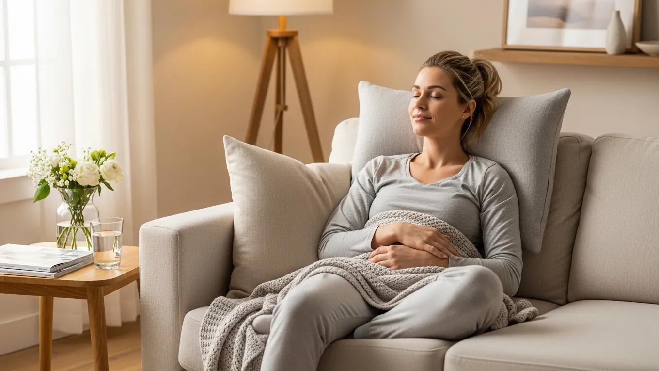 Woman relaxing on a couch in comfortable clothing, emphasizing recovery after breast augmentation, with cozy decor and a water glass nearby.