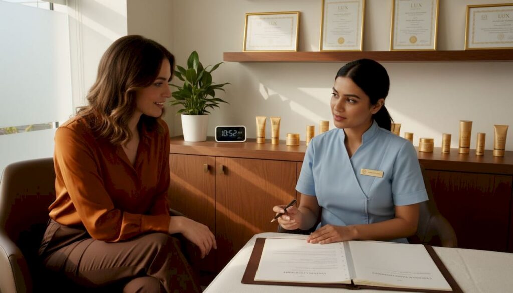 Consultation at Lux Plastic Surgery with a patient discussing aesthetic treatments, featuring a practitioner in a blue uniform and skincare products in the background.