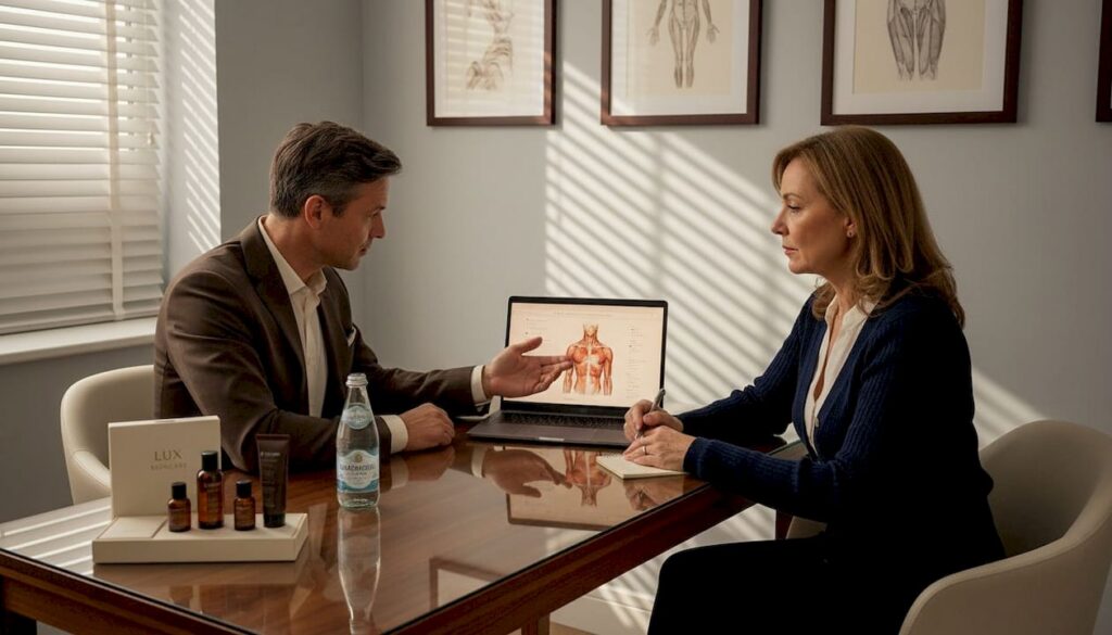 Consultation scene at Lux Plastic Surgery with a male surgeon discussing facial anatomy on a laptop with a female client, featuring skincare products on the table.