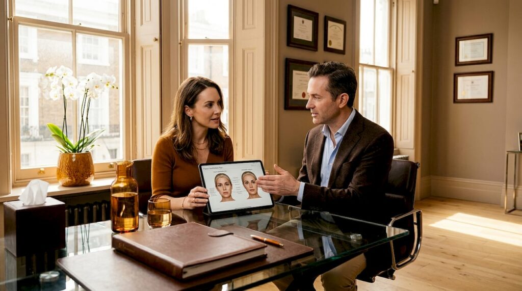 Patient and surgeon reviewing facial surgery plan