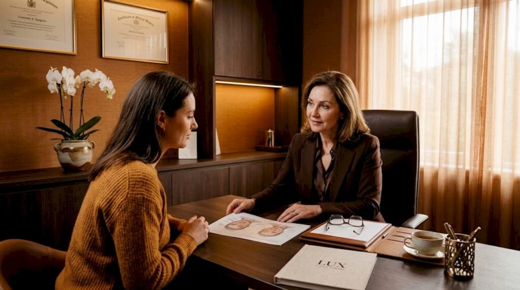 Surgeon consulting patient in clinic office