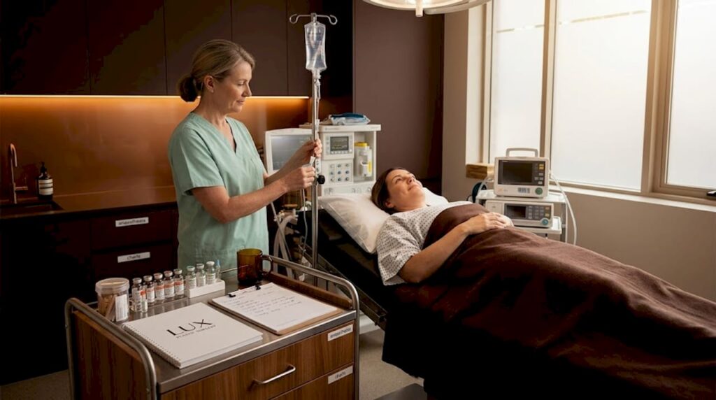 Anaesthesiologist preparing patient for cosmetic surgery
