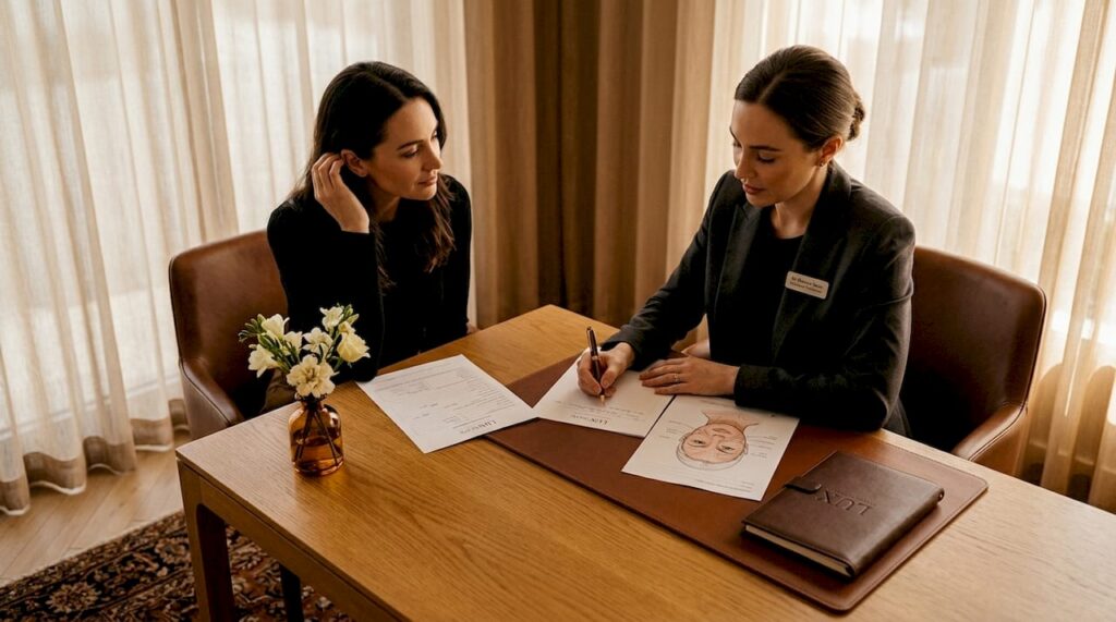 Patient and practitioner in consultation for facial aesthetics