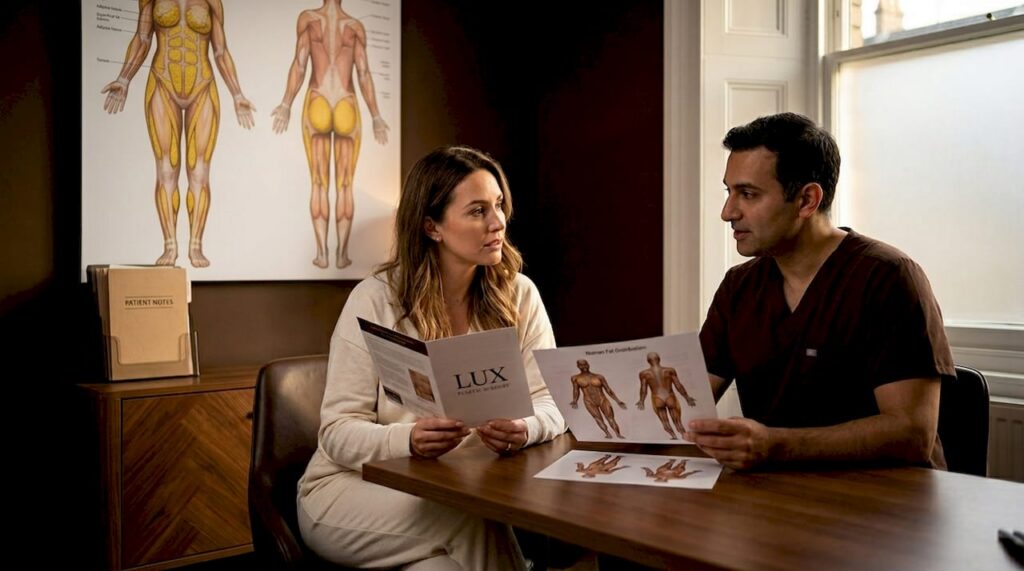 Patient consulting plastic surgeon about liposuction