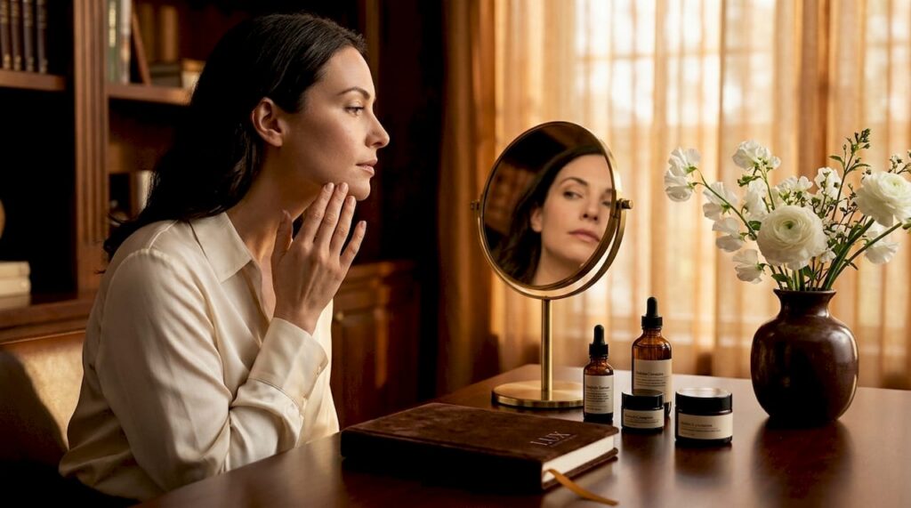 Woman gently tracing jawline in bedroom mirror