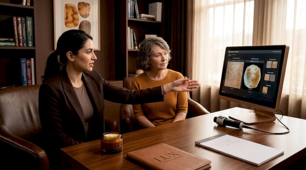 Dermatologist consulting patient about skin rejuvenation
