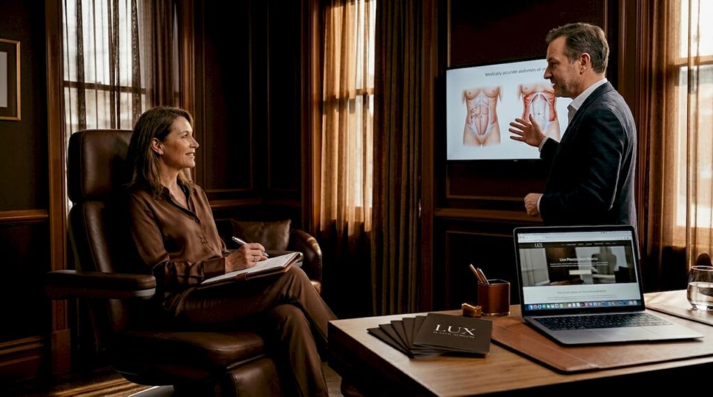 Patient consulting surgeon about abdominoplasty
