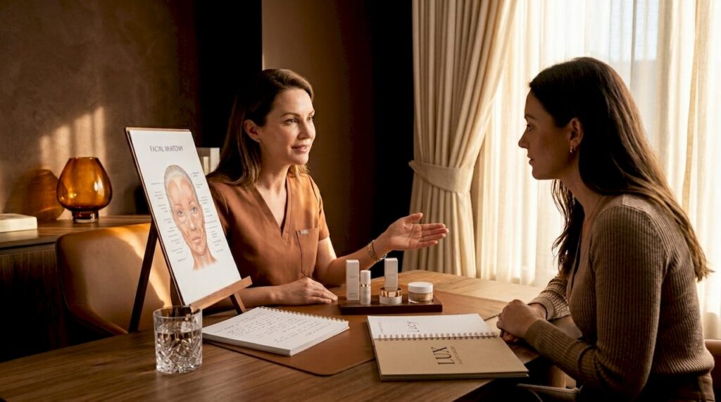 Clinician consulting patient in warm treatment room