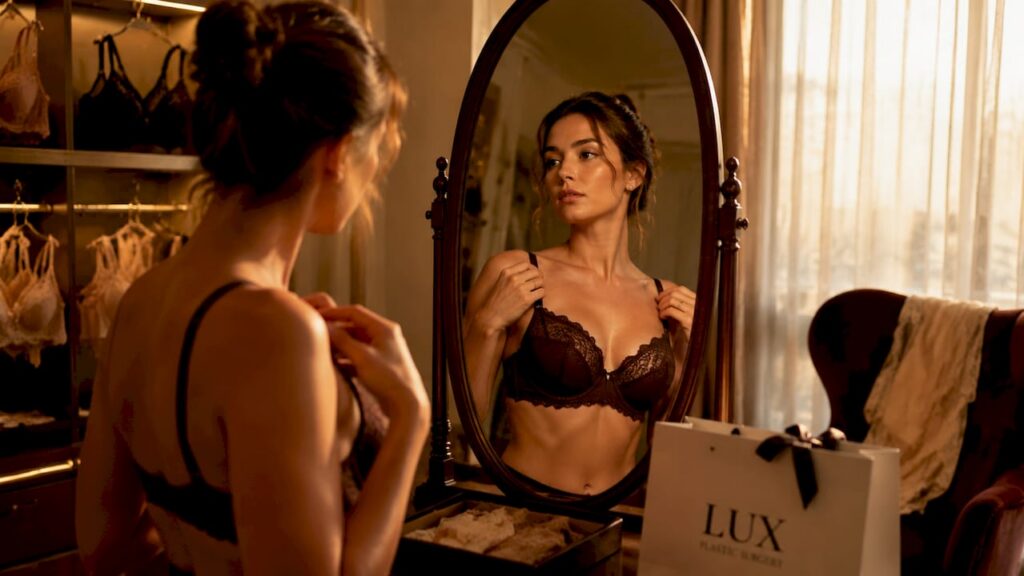 Woman fitting a D cup bra in boutique