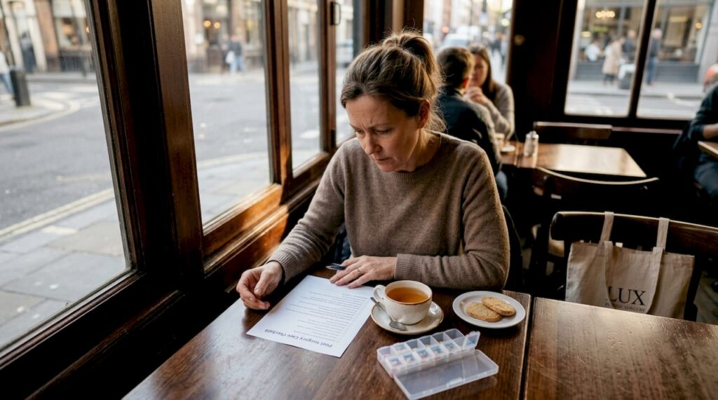 Woman reviewing post-surgery care checklist at home