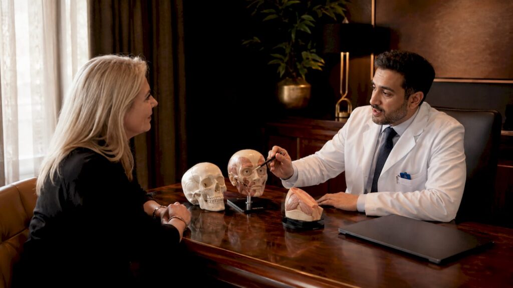 Patient consulting plastic surgeon in clinic