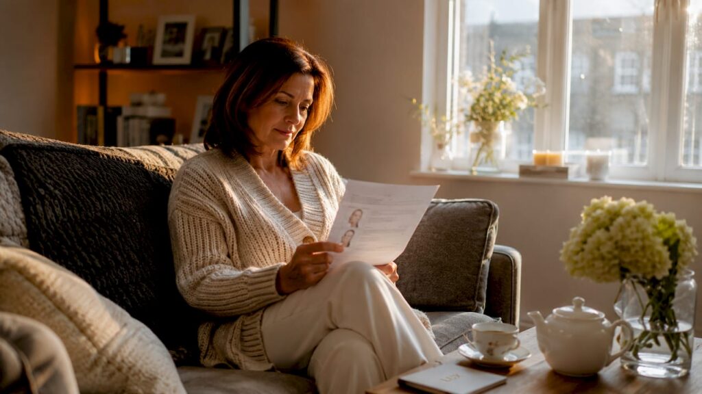 Patient reading facial surgery recovery guide at home