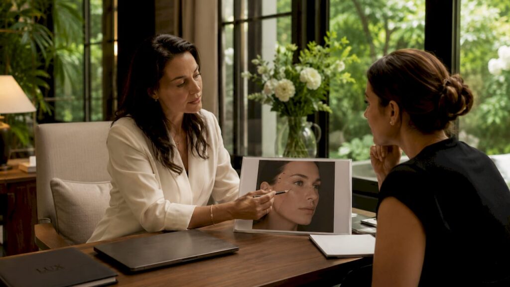 Clinician assessing patient face in consultation room