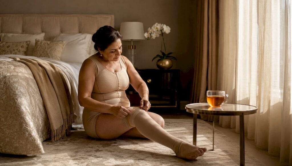 Woman adjusting compression garment at home