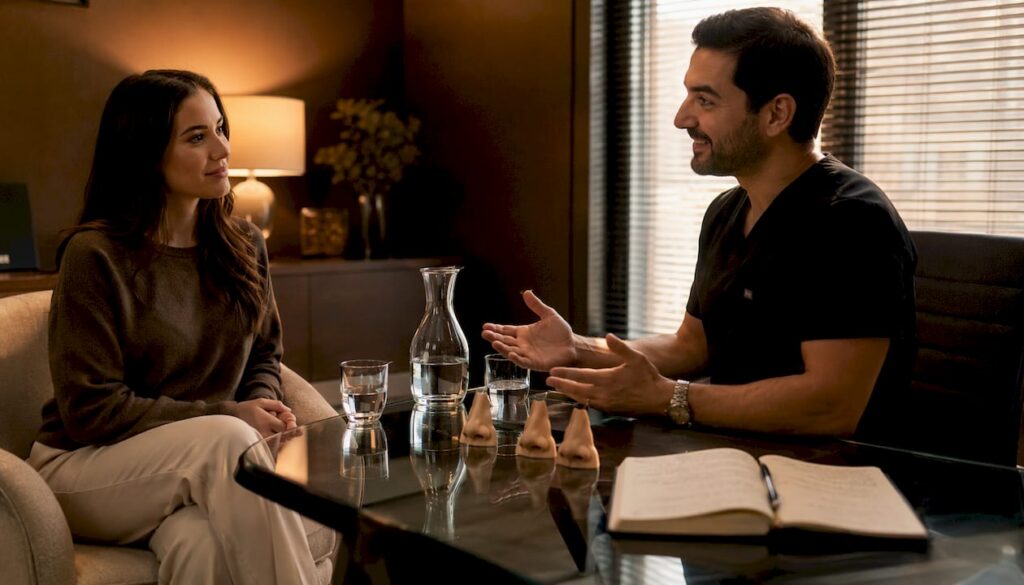 Woman consulting surgeon about rhinoplasty