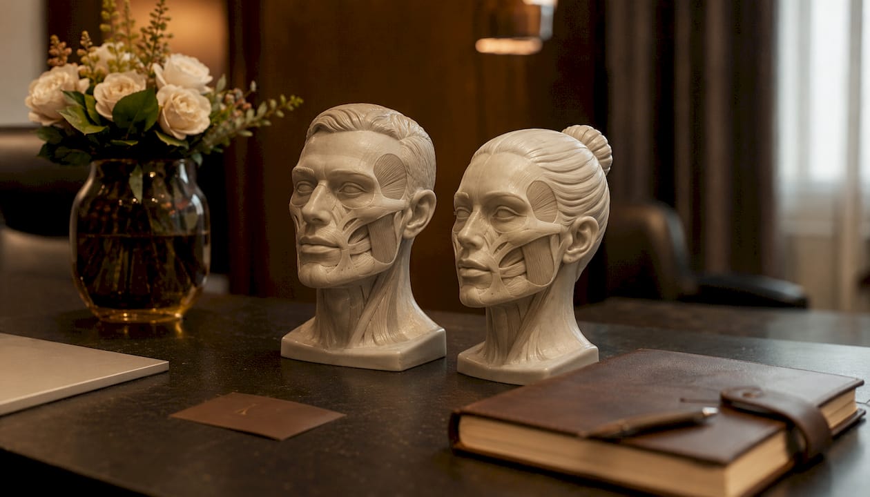 Hands holding male and female facial anatomy models