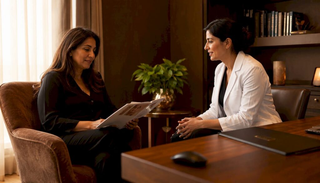 Patient consulting surgeon about cosmetic surgery safety