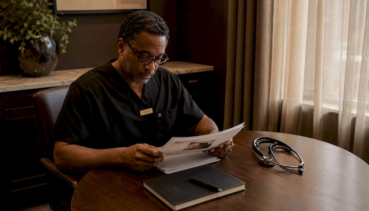 Surgeon reviewing patient chart at clinic desk