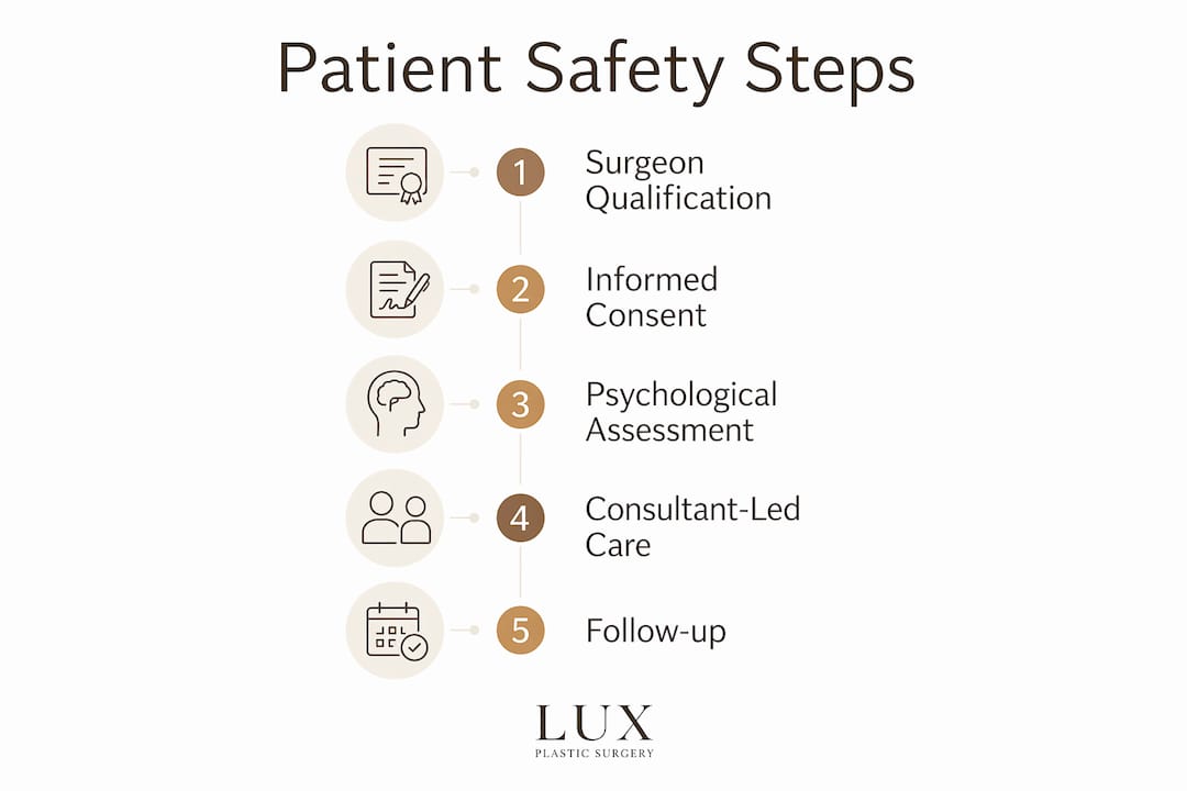 Infographic outlining key patient safety steps in cosmetic surgery