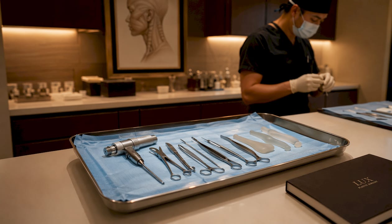 Surgical tools and silicone chin implants on tray