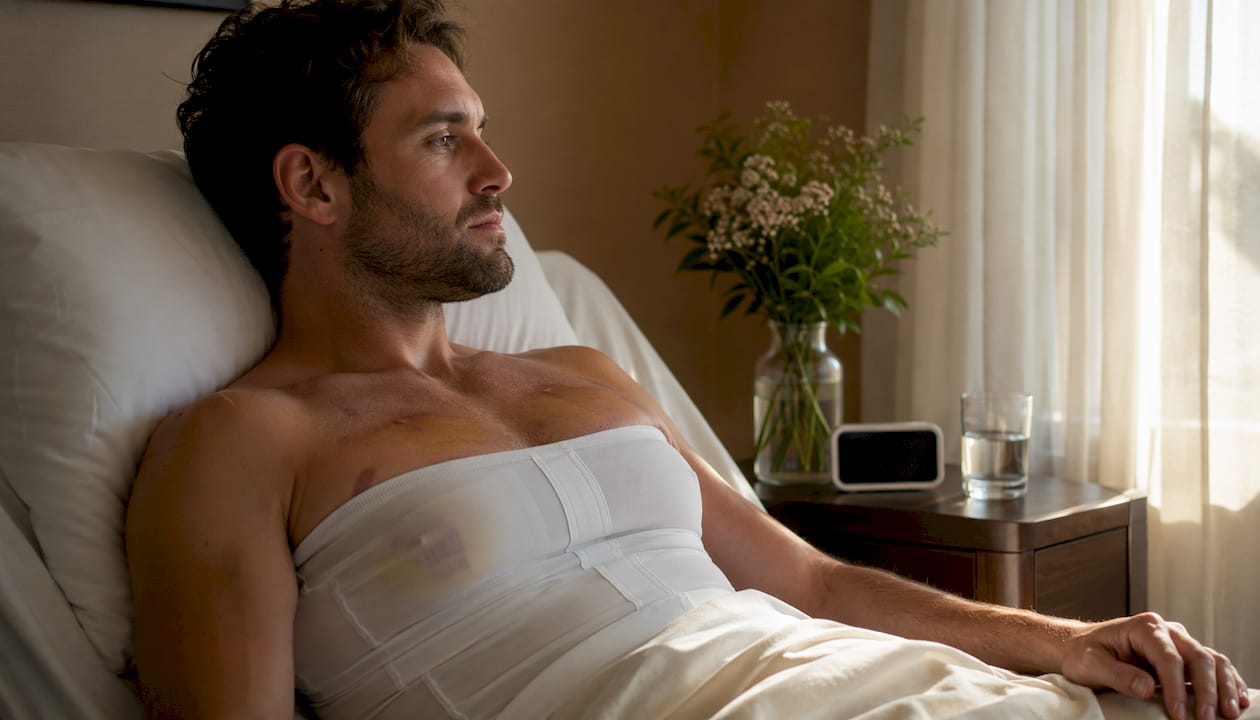 Male chest with compression garment post-surgery