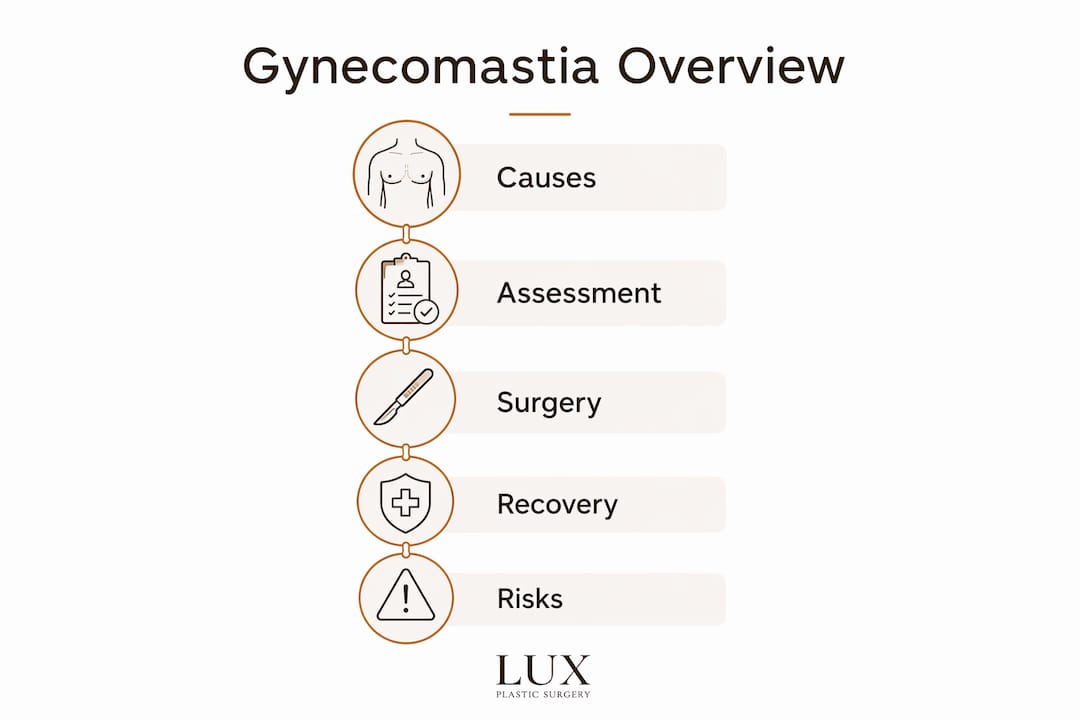Infographic outlining gynecomastia causes and surgery process