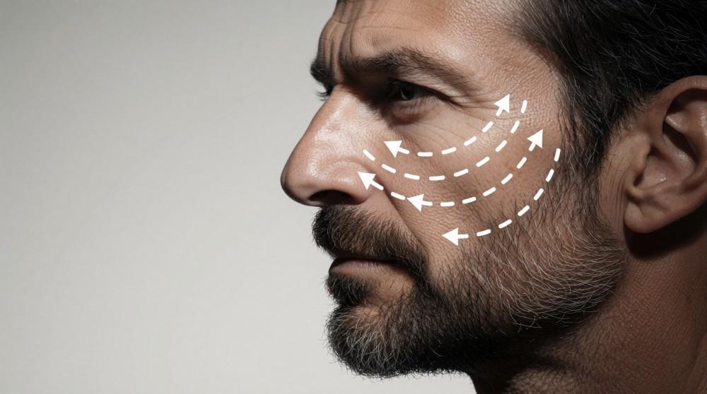 Side profile of a bearded man with arrows on his cheek showing the direction of a lift