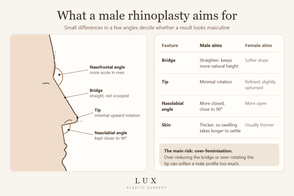 Side-profile diagram of a male nose marking the nasofrontal angle, straight bridge, tip and nasolabial angle, with a table comparing male and female rhinoplasty aims
