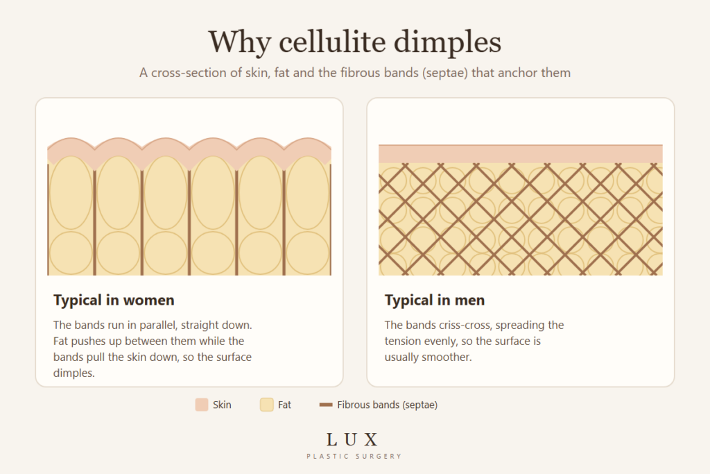 Cross-section diagram comparing parallel fibrous bands in women, which cause dimpling, with criss-crossing bands in men